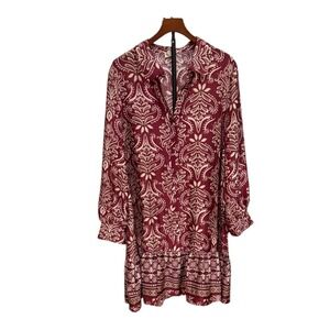 NWT 52seven Wine Tan Paisley Damask Button Front Ruffle Mini Dress XL Whimsy